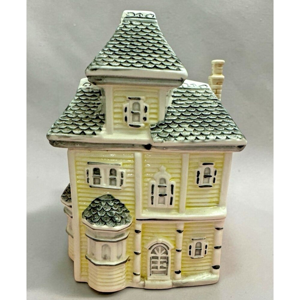 Vintage Victorian House Ceramic Cookie Jar Canister Green Roof 10" Cottage Decor